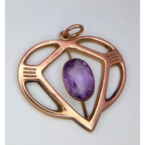 118 - 9 carat ROSE GOLD PENDANT in Mackintosh Art Deco style.Having oval AMETHYST to centre. 1.7 grams. 3 ... 