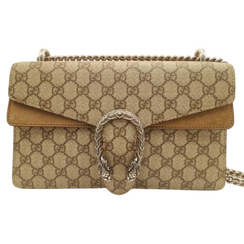 136 - A Gucci Khaki GG Dionysus Shoulder Bag. Monogram coated canvas exterior with silver-toned hardware, ... 