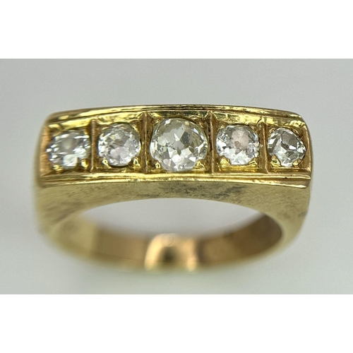 177 - An 18K Yellow Gold Diamond Gents Dress Ring. Five round cut diamonds. Size T 1/2. 15g total weight. ... 