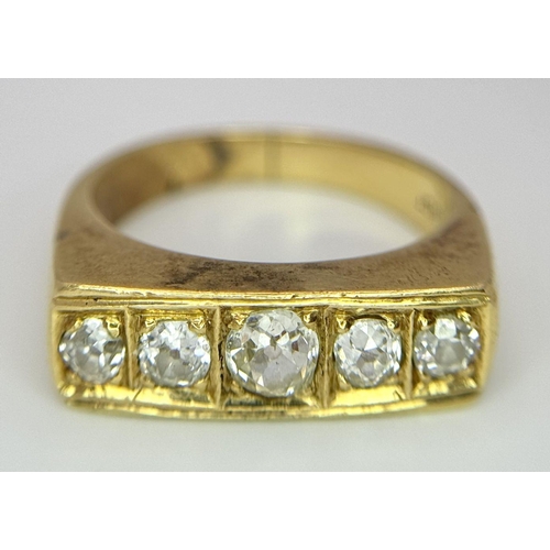 177 - An 18K Yellow Gold Diamond Gents Dress Ring. Five round cut diamonds. Size T 1/2. 15g total weight. ... 