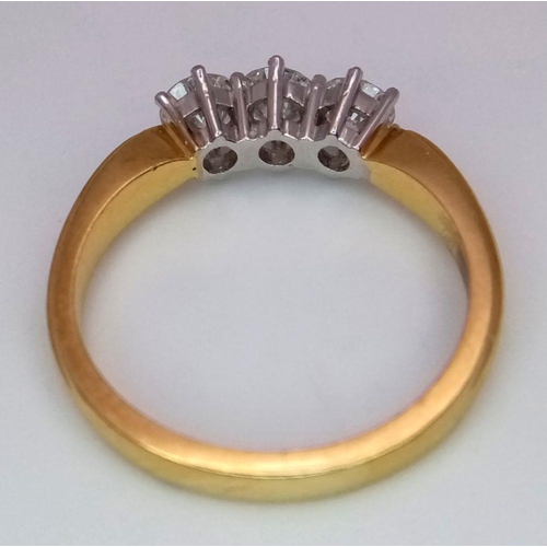 235 - An 18K Yellow Gold Diamond Trilogy Ring. 1.2ctw of brilliantly round cut diamonds. Size O. 4g total ... 