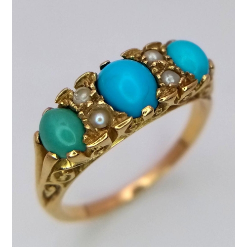 303 - A 18K Yellow Gold (tested as) Turquoise and Pearl Ring, 4.9g total weight, size O.

ref: 7456H