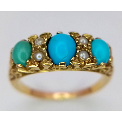 303 - A 18K Yellow Gold (tested as) Turquoise and Pearl Ring, 4.9g total weight, size O.

ref: 7456H