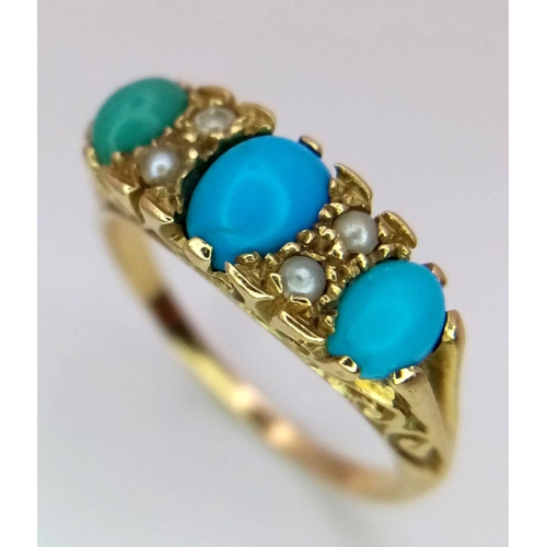 303 - A 18K Yellow Gold (tested as) Turquoise and Pearl Ring, 4.9g total weight, size O.

ref: 7456H