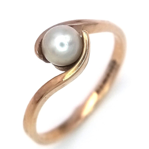 329 - Pretty 9 carat GOLD RING in Crossover style with PEARL Mounted to top.  Full UK hallmark . Complete ... 