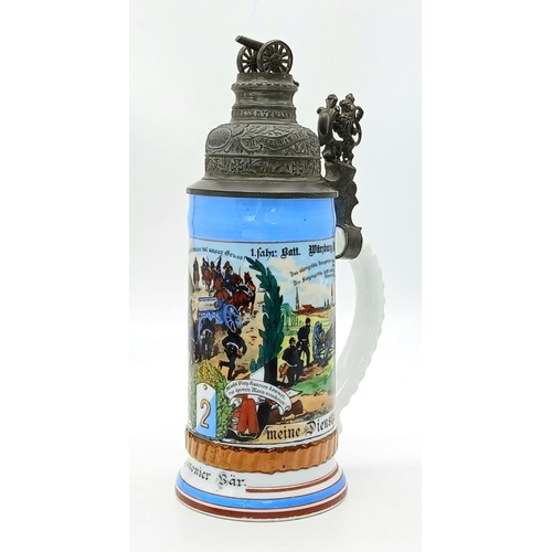 508 - Antique 1904-1906 German Military, Highly Crafted Pewter and Porcelain Stein. Markings Feldart, Rgt.... 