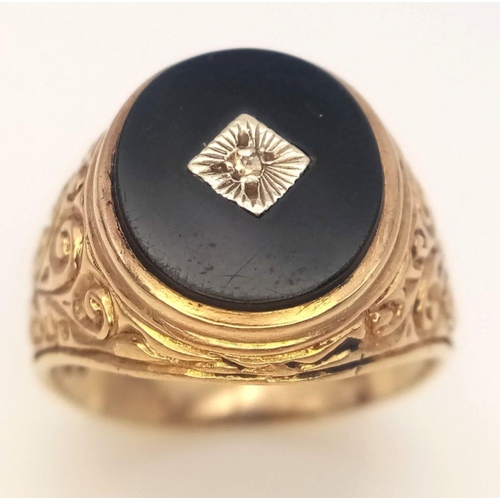 63 - Stunning vintage 9 carat GOLD and BLACK ONYX SIGNET RING. Having Diamond to centre. Beautifully deco... 