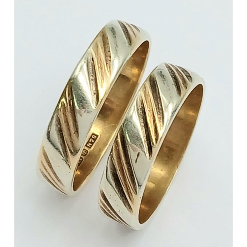 77 - 2 x 9 carat identical YELLOW & WHITE GOLD BANDS. Sizes R 1/2 and N. Fully hallmarked. 5.4 grams Comb... 