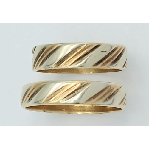 77 - 2 x 9 carat identical YELLOW & WHITE GOLD BANDS. Sizes R 1/2 and N. Fully hallmarked. 5.4 grams Comb... 