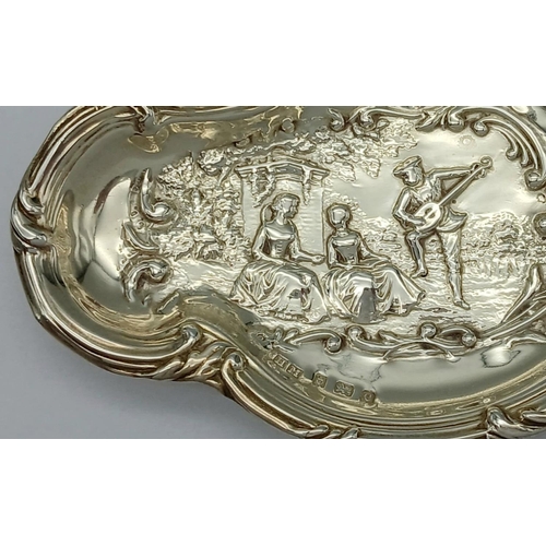 216 - Beautiful antique SILVER PIN/TRINKET TRAY. Lovely leaf shape tray with minstrel scene . Clear hallma... 