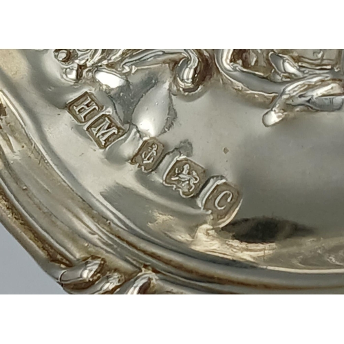 216 - Beautiful antique SILVER PIN/TRINKET TRAY. Lovely leaf shape tray with minstrel scene . Clear hallma... 