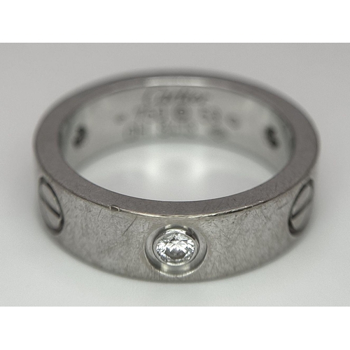 221 - A Classic Cartier 18K White Gold 'Love' Diamond Band Ring. Size M. 9g. Comes with a Cartier case. Re... 