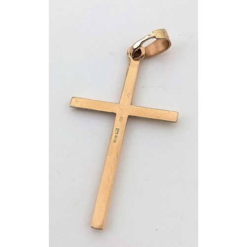 237 - Classic 9 carat GOLD CROSS. Full UK Hallmark. 1.4 grams approx. 3.5 cm x 2.0 cm.