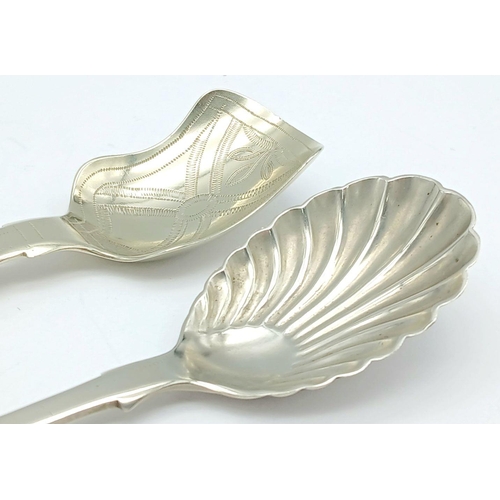 469 - 2 x Silver metal CADDY SPOONS to include a rare FATTORINI Shell Bowl.