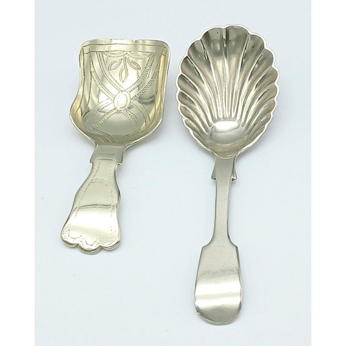 469 - 2 x Silver metal CADDY SPOONS to include a rare FATTORINI Shell Bowl.