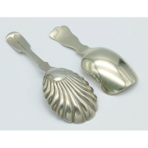 469 - 2 x Silver metal CADDY SPOONS to include a rare FATTORINI Shell Bowl.