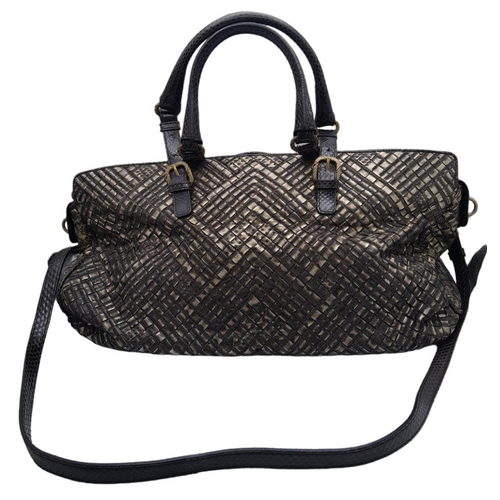 389 - A Bottega Veneta Gold Satchel Bag. Intrecciato leather exterior with snake skin trim, snake skin han... 