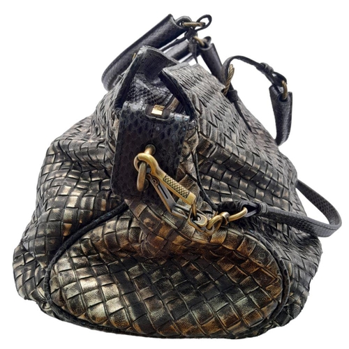 389 - A Bottega Veneta Gold Satchel Bag. Intrecciato leather exterior with snake skin trim, snake skin han... 