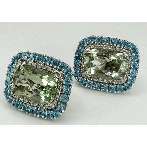 242 - A Fabulous 14k White Gold, Diamond and Topaz Ring plus Earring set. Rectangular cut white Topaz with... 