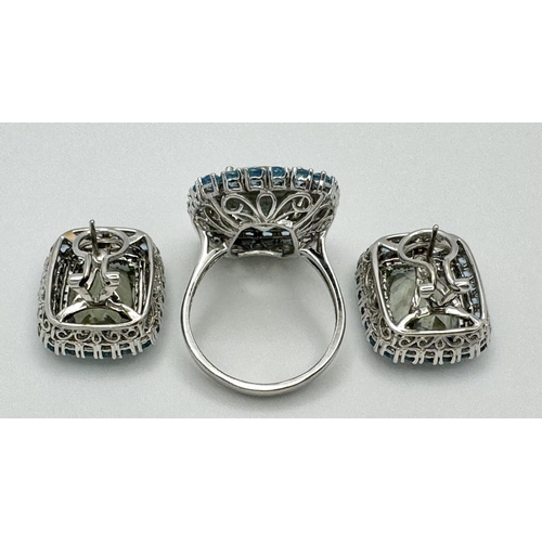 242 - A Fabulous 14k White Gold, Diamond and Topaz Ring plus Earring set. Rectangular cut white Topaz with... 