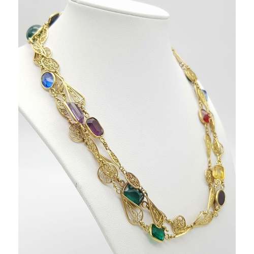 281 - A Captivating 18K Gold (tested) Rope Length Multi-Gem Set Necklace. Includes: Ruby, amethyst, citrin... 