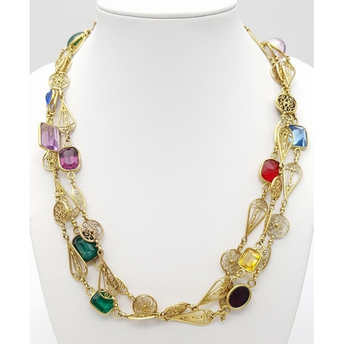 281 - A Captivating 18K Gold (tested) Rope Length Multi-Gem Set Necklace. Includes: Ruby, amethyst, citrin... 