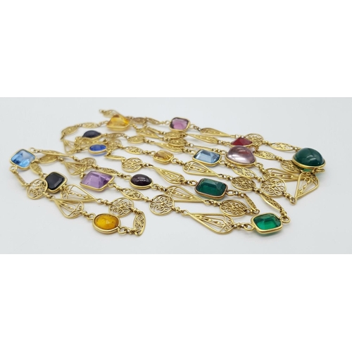 281 - A Captivating 18K Gold (tested) Rope Length Multi-Gem Set Necklace. Includes: Ruby, amethyst, citrin... 