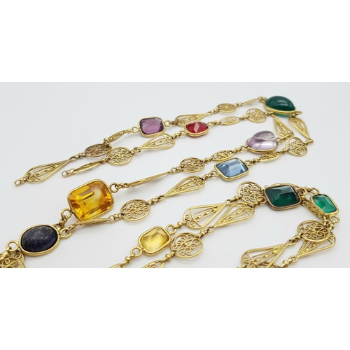 281 - A Captivating 18K Gold (tested) Rope Length Multi-Gem Set Necklace. Includes: Ruby, amethyst, citrin... 