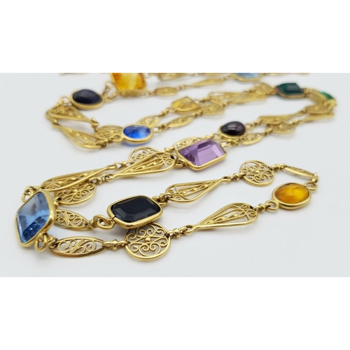 281 - A Captivating 18K Gold (tested) Rope Length Multi-Gem Set Necklace. Includes: Ruby, amethyst, citrin... 