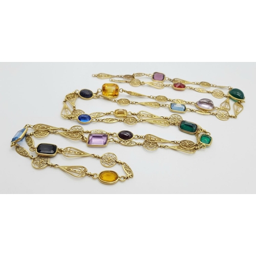 281 - A Captivating 18K Gold (tested) Rope Length Multi-Gem Set Necklace. Includes: Ruby, amethyst, citrin... 