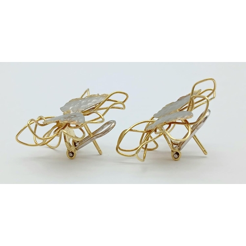 37 - A Pair of Stylish Italian 18K White and Yellow Gold Earrings. Butterfly form. 3cm x 3cm. 5.7g total ... 