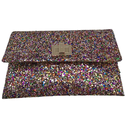 213 - An Anya Hindmarch Multicolour New Valorie Clutch Bag. Leather and glitter exterior with rose gold-to... 