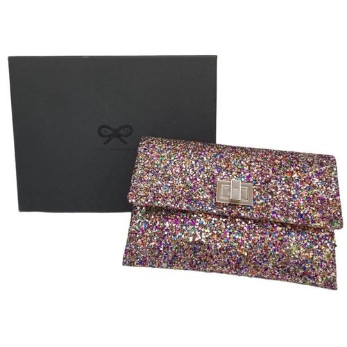 213 - An Anya Hindmarch Multicolour New Valorie Clutch Bag. Leather and glitter exterior with rose gold-to... 