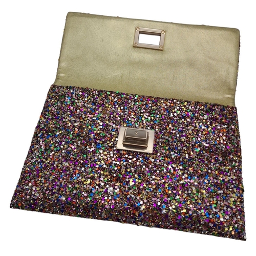 213 - An Anya Hindmarch Multicolour New Valorie Clutch Bag. Leather and glitter exterior with rose gold-to... 