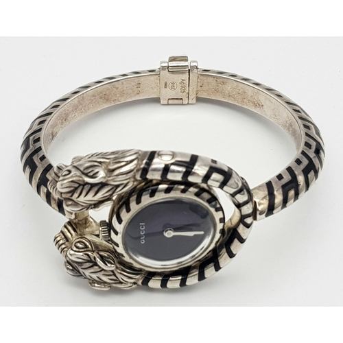 247 - A Fashionable Designer Gucci 925 Silver Twin Tigers Head Ladies Watch. Steel and enamel bracelet and... 