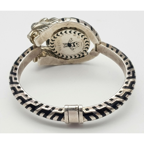 247 - A Fashionable Designer Gucci 925 Silver Twin Tigers Head Ladies Watch. Steel and enamel bracelet and... 