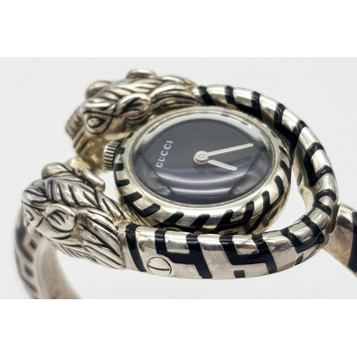 247 - A Fashionable Designer Gucci 925 Silver Twin Tigers Head Ladies Watch. Steel and enamel bracelet and... 