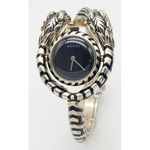 247 - A Fashionable Designer Gucci 925 Silver Twin Tigers Head Ladies Watch. Steel and enamel bracelet and... 