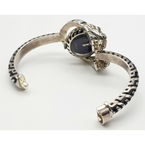 247 - A Fashionable Designer Gucci 925 Silver Twin Tigers Head Ladies Watch. Steel and enamel bracelet and... 