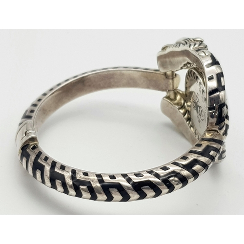 247 - A Fashionable Designer Gucci 925 Silver Twin Tigers Head Ladies Watch. Steel and enamel bracelet and... 