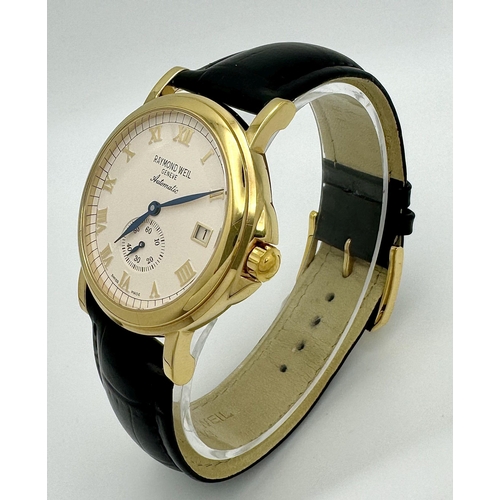 340 - A RAYMOND WEIL GOLD PLATED GENTS WRIST WATCH WITH SKELETON BACK , ROMAN NUMERALS , DATE BOX AND BLAC... 