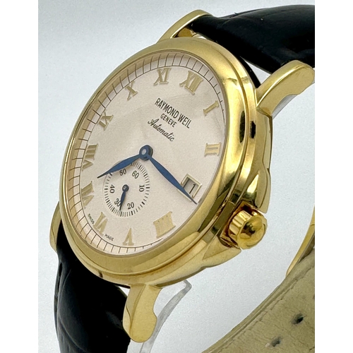 340 - A RAYMOND WEIL GOLD PLATED GENTS WRIST WATCH WITH SKELETON BACK , ROMAN NUMERALS , DATE BOX AND BLAC... 