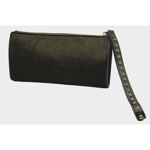 382 - A Burberry Moss Green Purse/Clutch Bag. Pony hair and leather trim exterior with gold-toned hardware... 