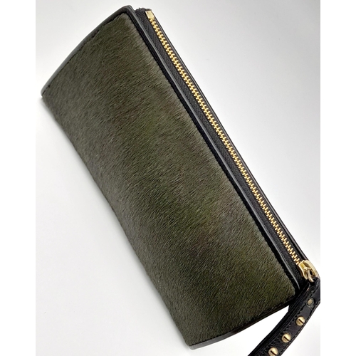 382 - A Burberry Moss Green Purse/Clutch Bag. Pony hair and leather trim exterior with gold-toned hardware... 