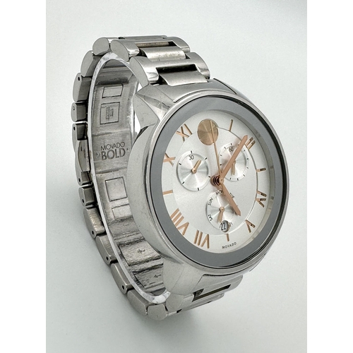 422 - A Movado Bold Quartz Chronograph Watch. Stainless steel bracelet and case - 40mm. Silver and white d... 