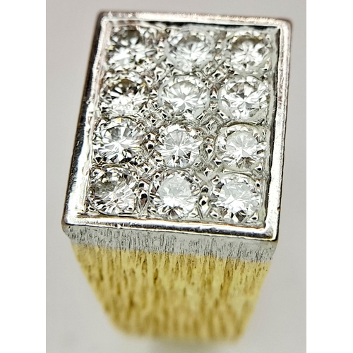 66 - An 18K Yellow Gold Diamond Signet Ring. 12 round cut diamonds. 0.8ctw approx. Size H. 9.87g total we... 