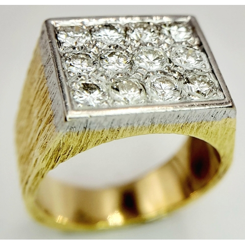 66 - An 18K Yellow Gold Diamond Signet Ring. 12 round cut diamonds. 0.8ctw approx. Size H. 9.87g total we... 