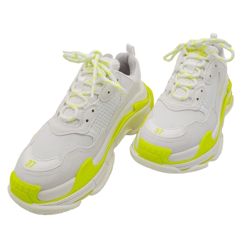 150 - A Pair of Balenciaga White and Neon Green/Yellow Triple S Trainers. Size UK 4.5/Europe 37/US 6.5. In... 