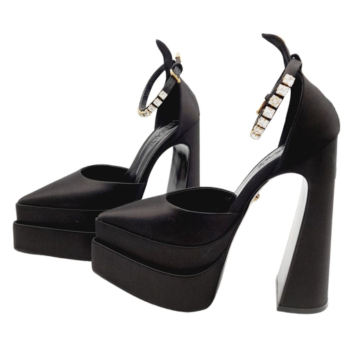 157 - A Pair of Versace Black Aevitas Pointy Platform Heels. Satin and white stone embellishment. 6.5 inch... 