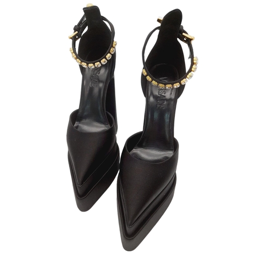 157 - A Pair of Versace Black Aevitas Pointy Platform Heels. Satin and white stone embellishment. 6.5 inch... 